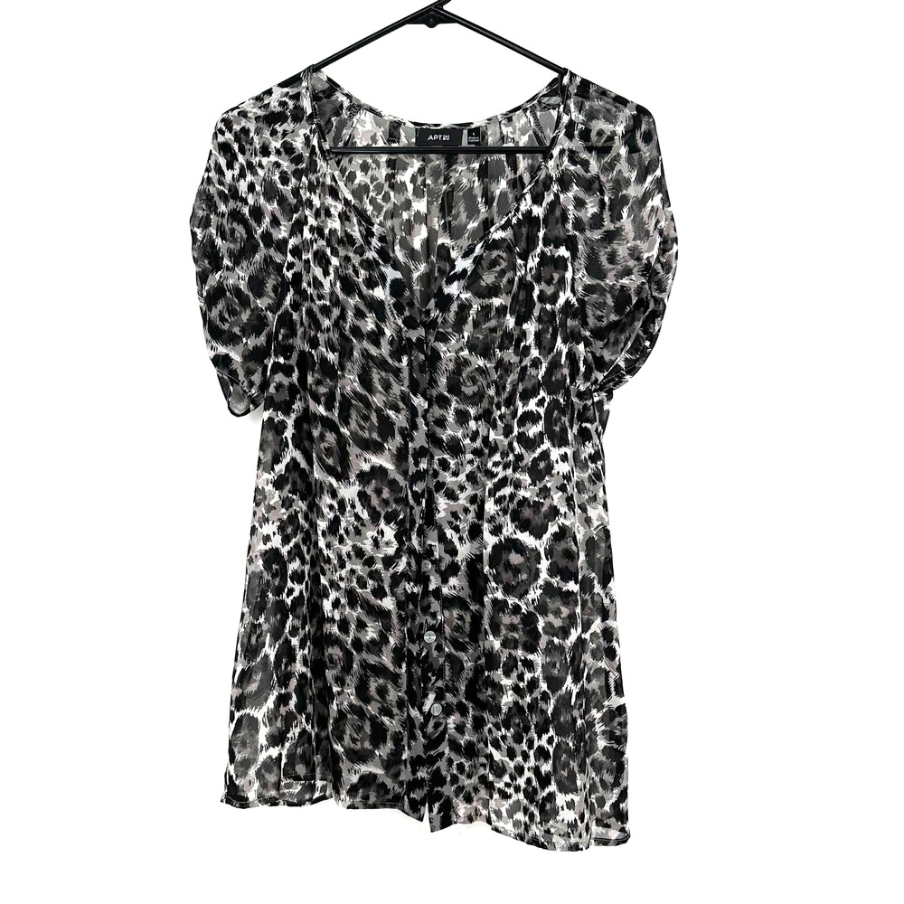 APT 9 size large short sleeve‎ blouse top shirt gray white leopard print NWT
